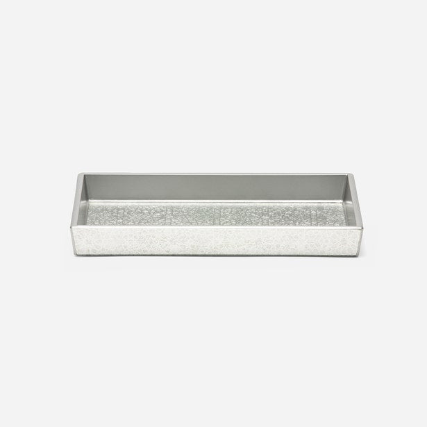 Pigeon & Poodle Caro bath tray, silver crackle texture exterior, mirrored interior, angled view.