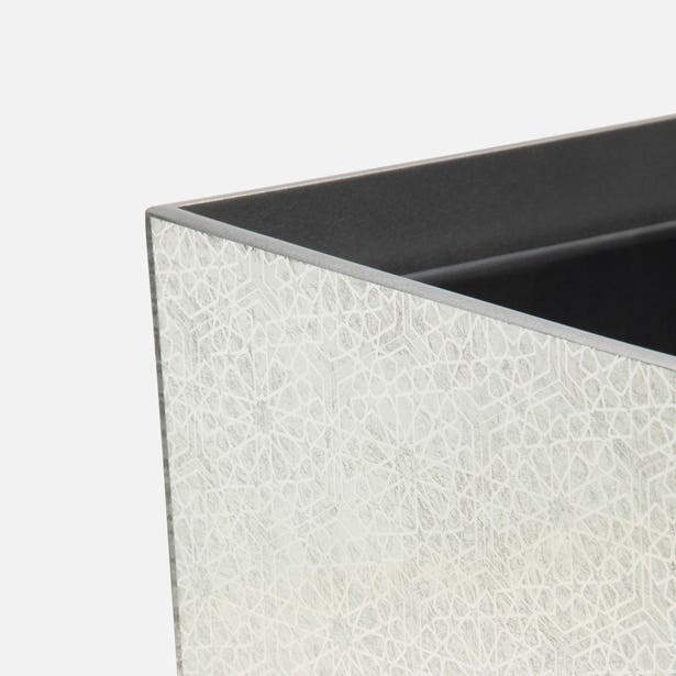 Close-up of Pigeon & Poodle Caro brush holder corner in crackled pearl finish.