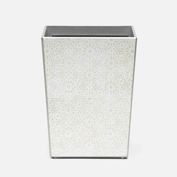 Pigeon & Poodle Caro wastebasket in silver geometric mosaic pattern.