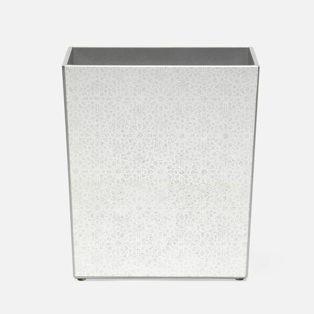 Pigeon & Poodle Caro wastebasket, white geometric mosaic pattern, rectangular, silver interior.