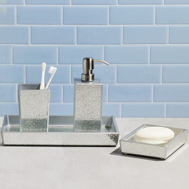 Pigeon & Poodle Caro mirrored bath tray styled with matching soap dish and toothbrush holder.