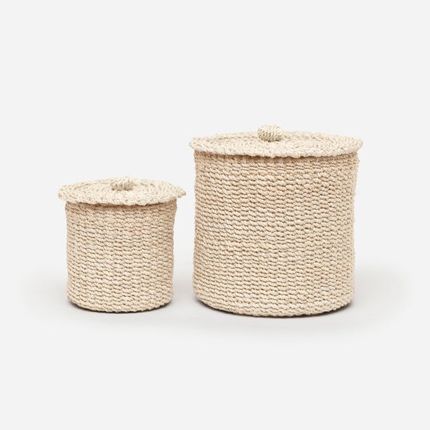 Pigeon & Poodle Chelston bath canisters in ivory woven seagrass, small and large sizes.