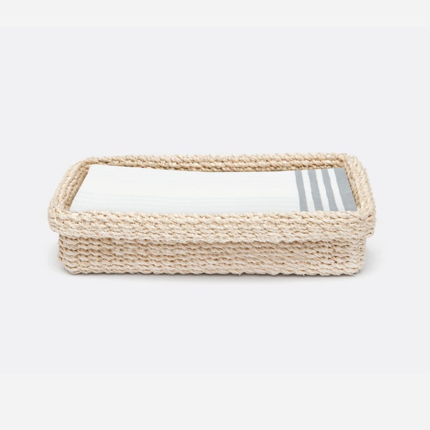 Pigeon & Poodle Chelston hand towel tray set with woven basket and striped towels.