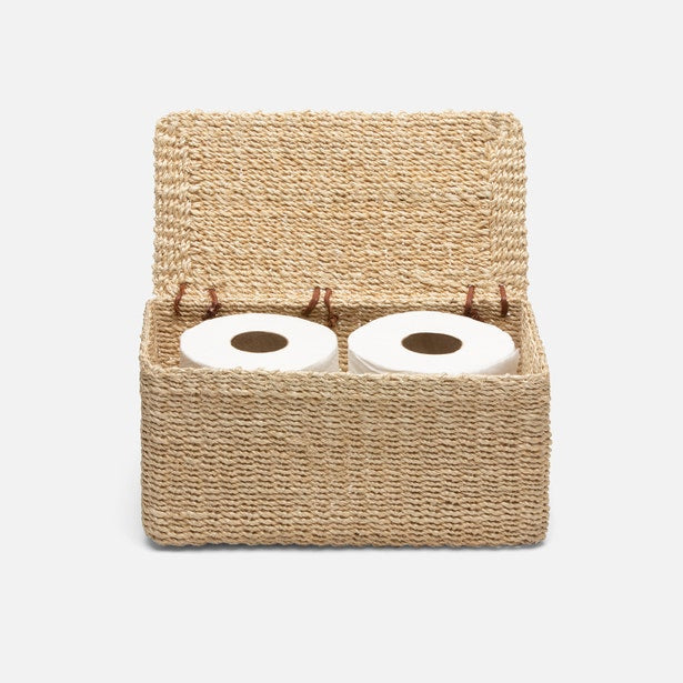 Woven seagrass toilet paper holder open, showing two rolls stored inside.