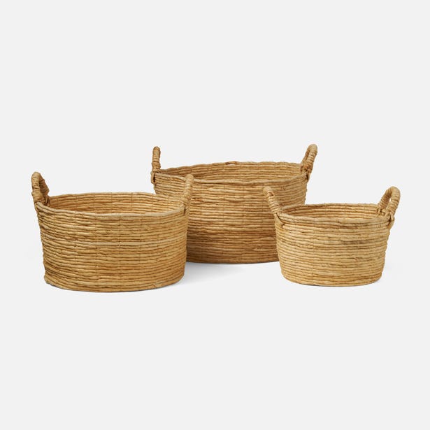 Set of three Pigeon & Poodle Clio woven baskets in graduated sizes, natural tan.