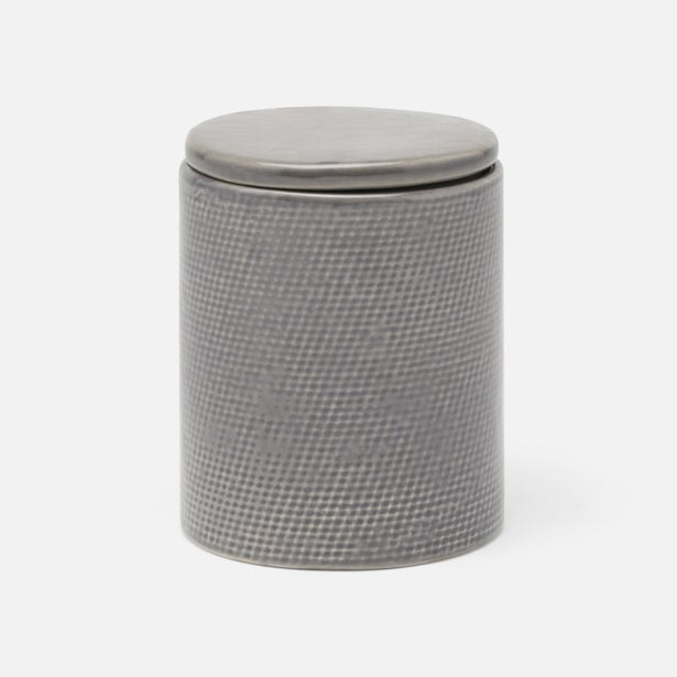 Pigeon & Poodle Cordoba bath canister in grey with textured grid pattern and lid.