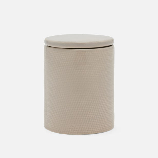 Pigeon & Poodle Cordoba bath canister in taupe with textured grid pattern, lidded.