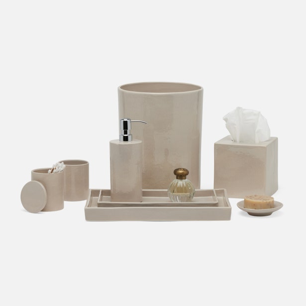 Pigeon & Poodle Cordoba bathroom accessory set styled in warm taupe lacquer finish.