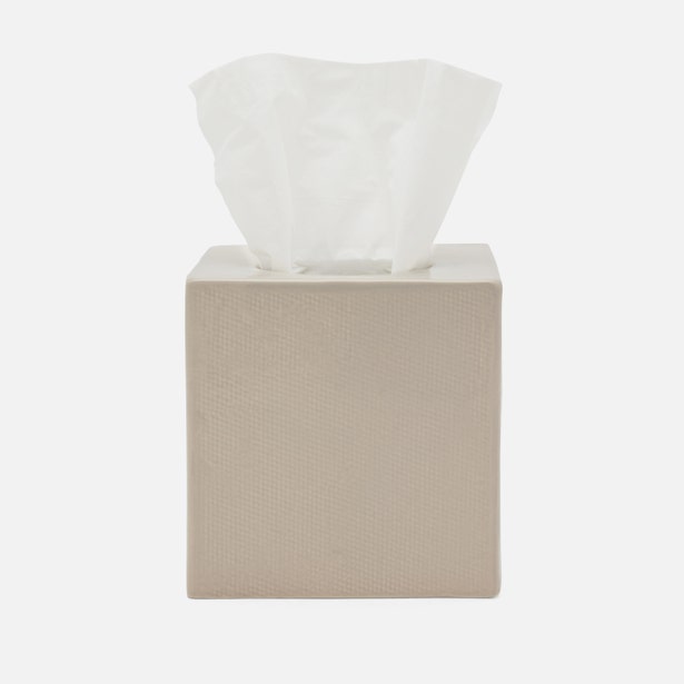 Close-up of Pigeon & Poodle Cordoba tissue box in taupe with textured woven exterior.
