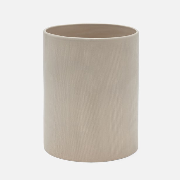 Pigeon & Poodle Cordoba wastebasket in taupe with fine crosshatch texture, side view.