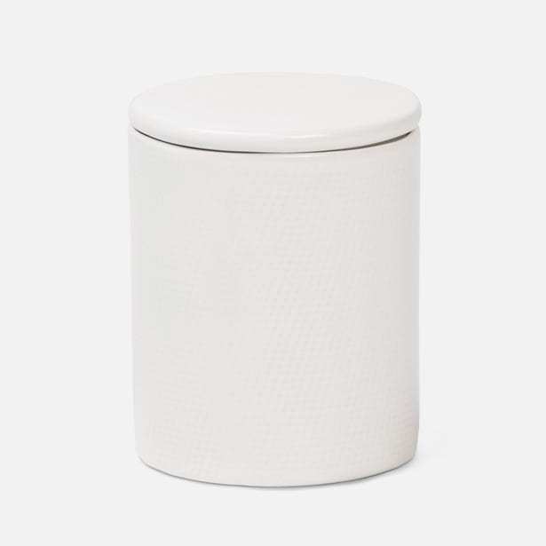Pigeon & Poodle Cordoba bath canister in white with subtly textured ceramic finish and fitted lid.