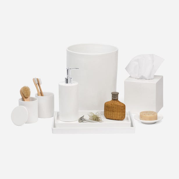 Pigeon & Poodle Cordoba white bath accessories set styled with natural accents on tray.