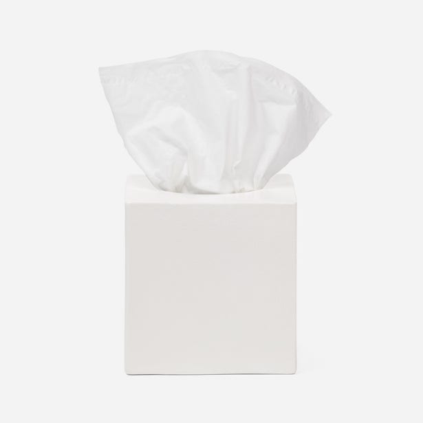 Pigeon & Poodle Cordoba tissue box in white, front view with tissues emerging from top.