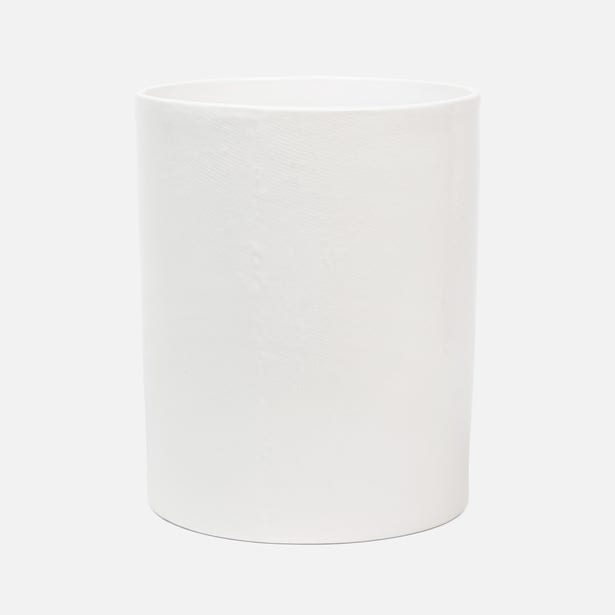 Pigeon & Poodle Cordoba wastebasket in matte white ceramic, side view.