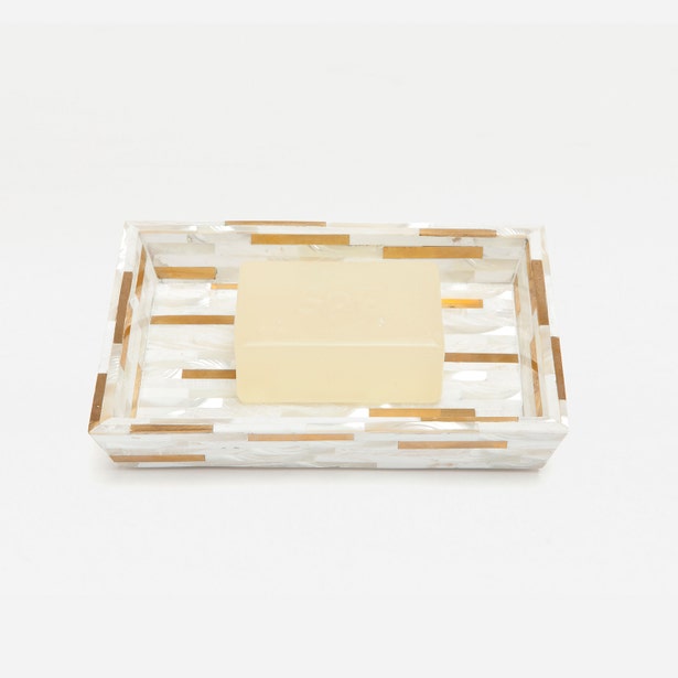 Pigeon & Poodle Cortona soap dish in white mother-of-pearl and gold inlay with bar soap.
