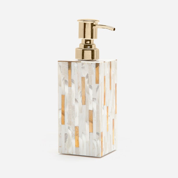 Pigeon & Poodle Cortona soap pump with mother-of-pearl mosaic body and gold pump.