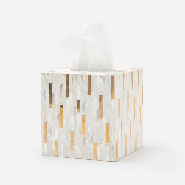 Pigeon & Poodle Cortona tissue box with mother-of-pearl and gold tile mosaic pattern.