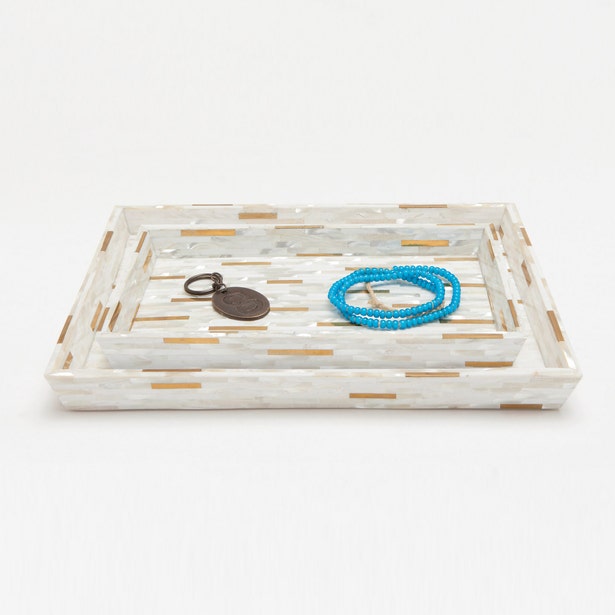 Cortona tray styled with turquoise bracelet and keychain, showing mosaic mother-of-pearl and gold inlay detail.