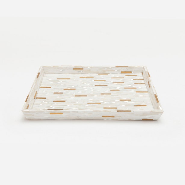 Pigeon & Poodle Cortona tray, angled view showing mother-of-pearl and gold inlay mosaic surface.