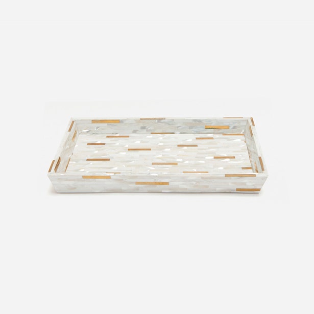 Pigeon & Poodle Cortona bath tray in mother-of-pearl mosaic with gold accent inlays.
