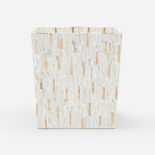 Pigeon & Poodle Cortona wastebasket with mother-of-pearl and gold mosaic tile inlay.