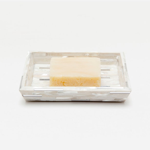 Cortona soap dish with bar of soap, white mosaic tile pattern, rectangular tray.