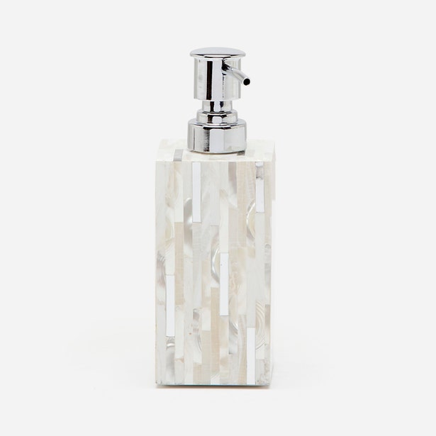 Pigeon & Poodle Cortona soap pump, close-up showing mother-of-pearl tile inlay and chrome pump.