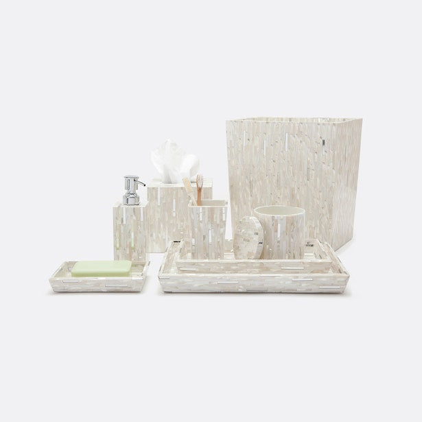 Cortona bathroom accessory set in ivory mosaic, showing full collection styled together.