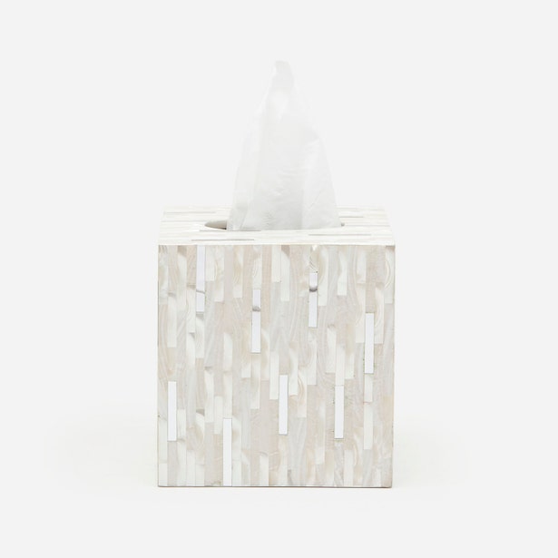 Cortona tissue box close-up showing ivory mother-of-pearl tile mosaic panels.