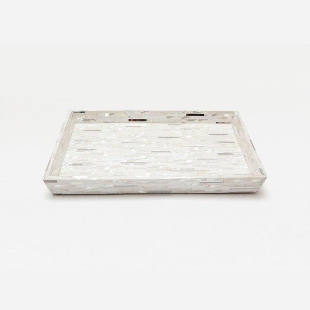 Pigeon & Poodle Cortona bath tray with mosaic mother-of-pearl inlay on white ground.