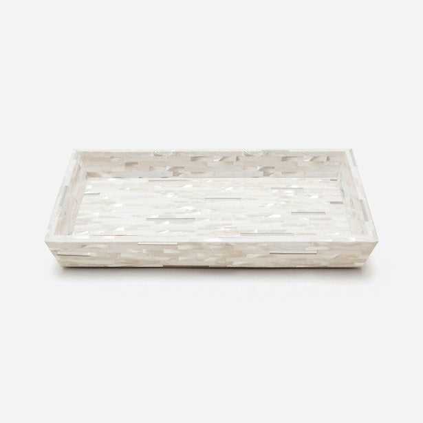 Pigeon & Poodle Cortona bath tray with mosaic mother-of-pearl inlay, angled view.