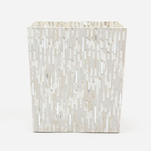 Pigeon & Poodle Cortona wastebasket with ivory and pearl mosaic tile inlay pattern.