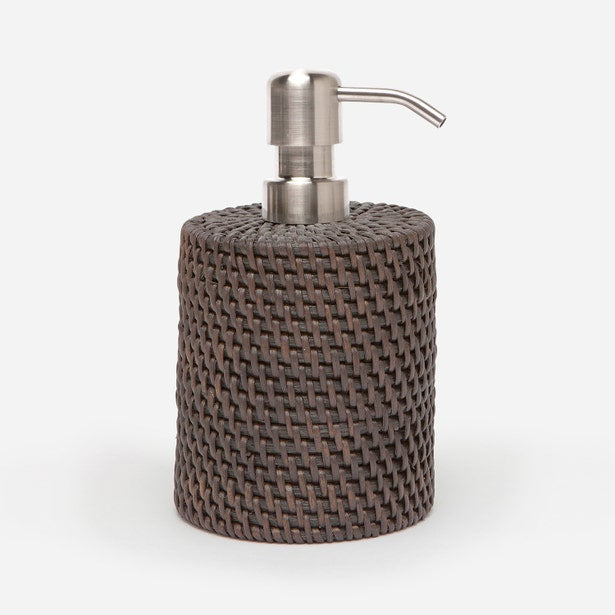Pigeon & Poodle Dalton soap pump in dark brown woven rattan with brushed nickel pump.