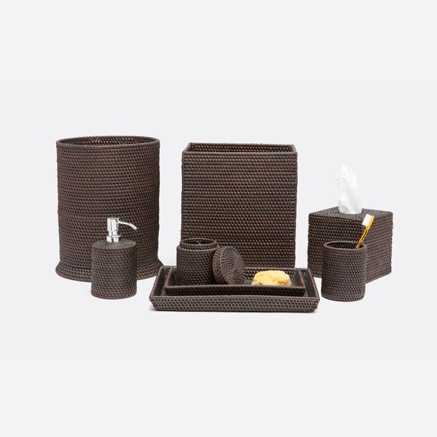 Close-up of Pigeon & Poodle Dalton dark brown woven rattan bathroom accessory set displayed together.