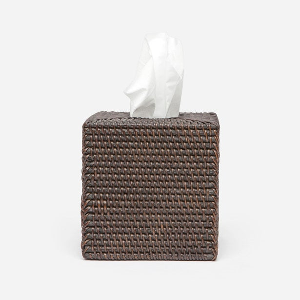 Pigeon & Poodle Dalton dark brown woven rattan tissue box cover with white tissue.
