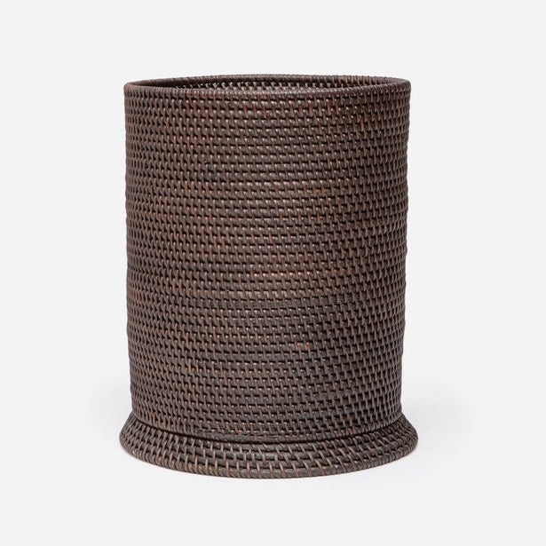 Pigeon & Poodle Dalton wastebasket in dark brown woven rattan, cylindrical form.