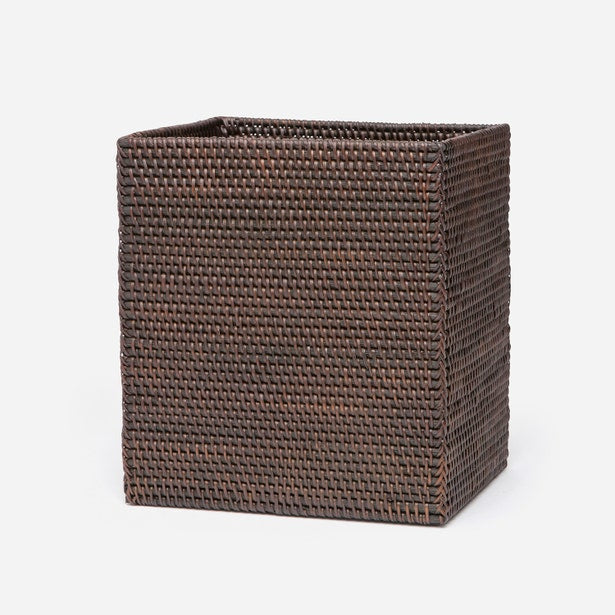 Pigeon & Poodle Dalton wastebasket in dark brown tightly woven rattan, square form.