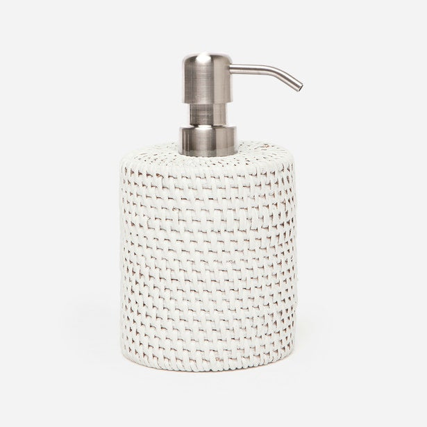 Close-up of Pigeon & Poodle Dalton soap pump in white woven rattan with brushed nickel dispenser.