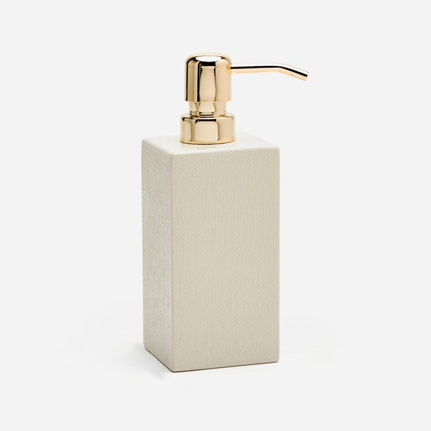 Pigeon & Poodle Dannes soap pump in ivory with gold-tone pump dispenser, square silhouette.
