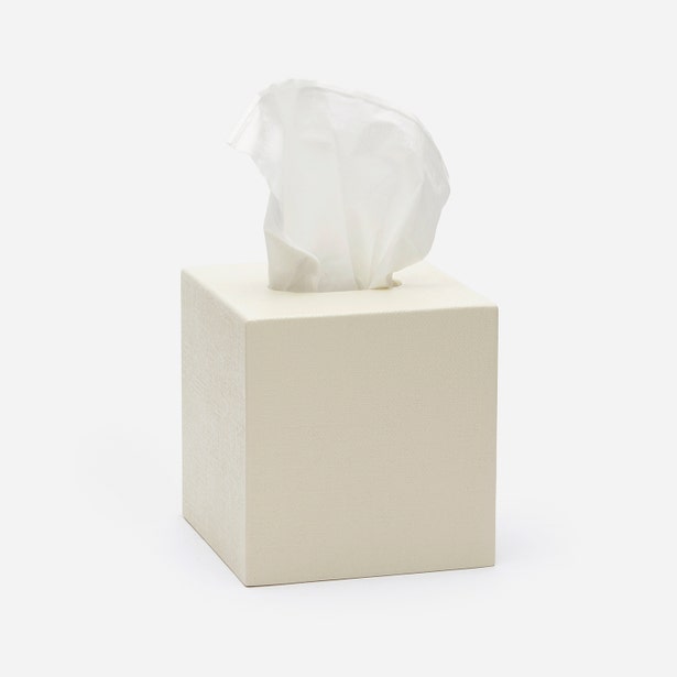 Pigeon & Poodle Dannes tissue box cover in ivory, square format with tissue extending from top.