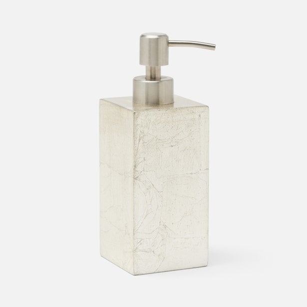 Pigeon & Poodle Davos soap pump in white marble with brushed nickel dispenser top.