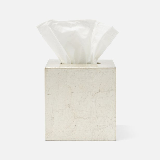 Pigeon & Poodle Davos tissue box in ivory crackle finish with tissue dispensing from top.