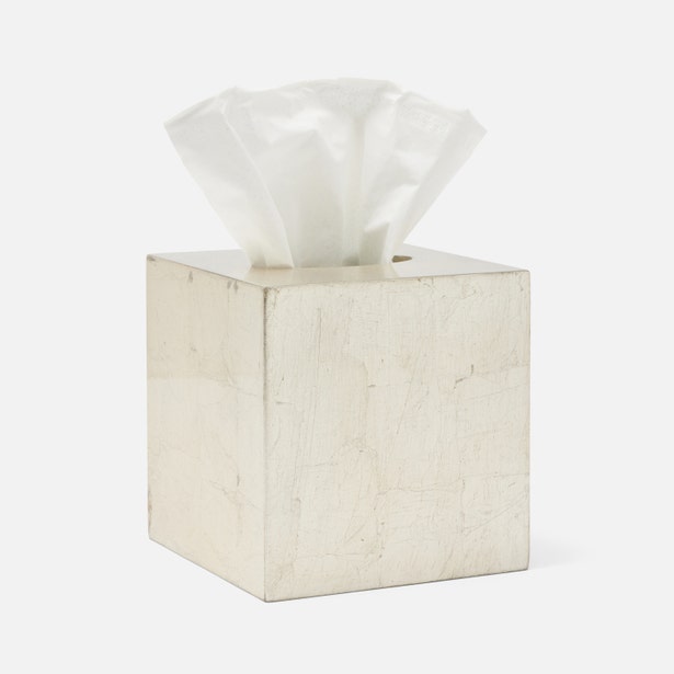 Close-up of Pigeon & Poodle Davos tissue box in ivory crackle finish with tissue.