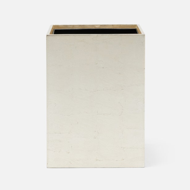 Pigeon & Poodle Davos wastebasket in ivory lacquered finish with subtle crackle texture.