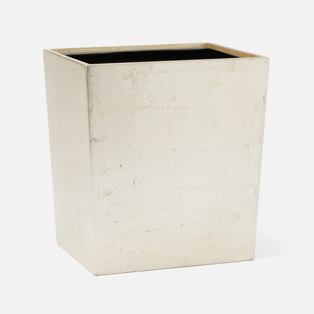 Pigeon & Poodle Davos wastebasket in ivory, square form with textured tile inlay exterior.