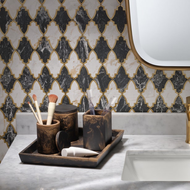 Pigeon & Poodle Duluth tray set styled on marble vanity with makeup brushes and accessories.