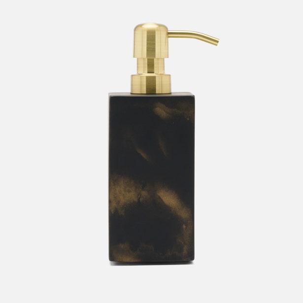Pigeon & Poodle Duluth soap pump in dark tortoise resin with brushed gold pump top.