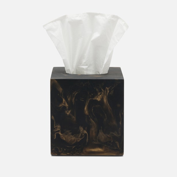 Pigeon & Poodle Duluth tissue box in dark tortoise resin with marbled swirl pattern.