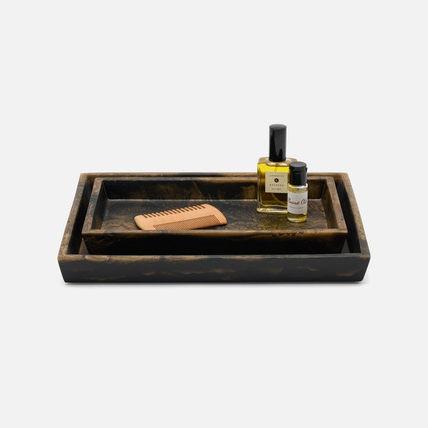 Pigeon & Poodle Duluth nesting tray set in tortoiseshell resin, styled with comb and bottles.