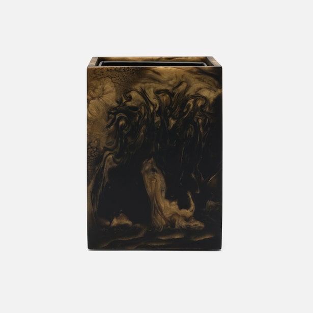 Pigeon & Poodle Duluth wastebasket in dark bronze marbled resin, rectangular form.